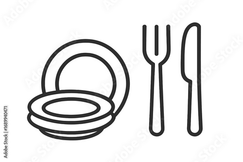 Dishware vector line icon. Stack of clean plates with fork and knife. Cutlery symbol for restaurant, cafe, dinner, eating, food concepts. Minimalist kitchen tableware outline.