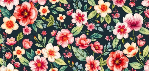 Whimsical watercolor floral blooms and leaves in a repeating pattern,  bloom,  illustration