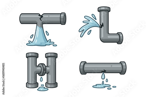 Vector cartoon set of broken pipes with water leak. Plumbing problem, burst pipeline, and leakage illustration. Plumber service icon for water damage and repair concept.