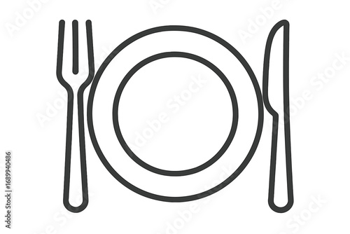 Plate, fork, knife line icon. Restaurant menu sign. Food, dining, meal, eating concept. Dinner, lunch, breakfast. Cutlery, tableware, silverware linear outline vector symbol.