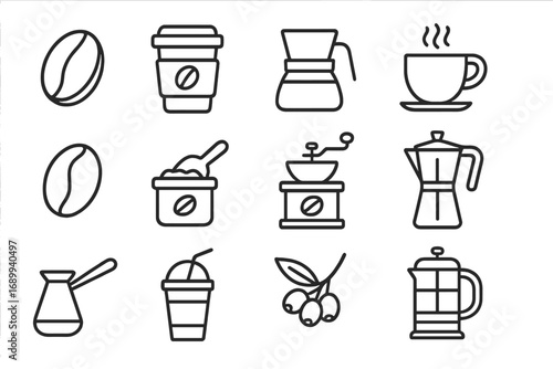 Coffee line icon set. Vector icons collection of coffee making equipment symbols. Outline signs for cafe menu, web. Includes coffee bean, grinder, french press, moka pot, cup.