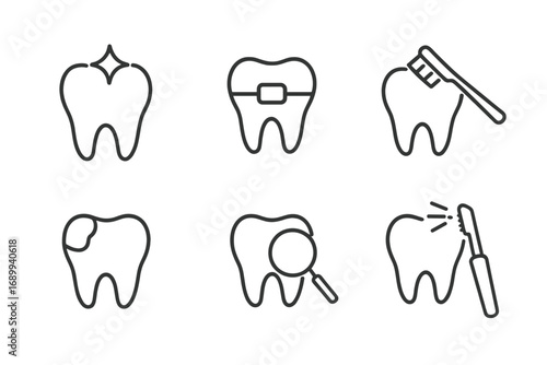 Dental care line icon set. Tooth collection for dentistry, stomatology. Vector pictogram of teeth cleaning, braces, orthodontics, caries, checkup, hygiene, dentist symbol.