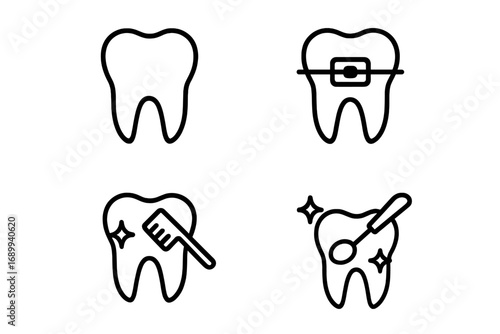 Vector line icons of dentistry. Tooth care, dental treatment, orthodontics with braces, oral hygiene and brushing. Minimalistic pictogram set for web, apps and graphic design.