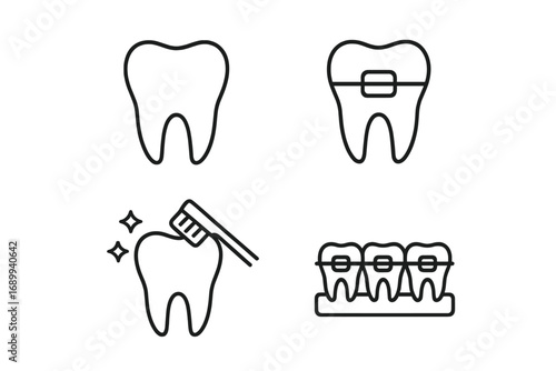 Dental care and orthodontics icon set. Tooth with braces, brushing for oral hygiene. Stomatology and dentist clinic linear pictograms for web, graphic design, apps. Vector outline