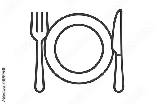 Plate, fork, knife linear icon. Cutlery, silverware vector symbol for restaurant menu. Concept for food, eating, dinner, lunch, breakfast, kitchen, dining, cafe. Clean line art.
