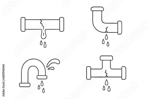 Broken pipe icon set. Water leak, dripping, and splashing. Plumbing problem, damaged pipeline with crack. Waterline repair service. Burst pipe emergency vector illustration.