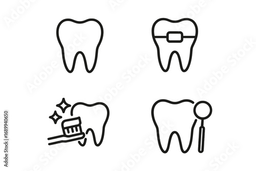 Tooth line icon set. Dentistry, dental care, orthodontics, braces, cleaning, checkup concepts. Minimal vector pictogram bundle for web, apps, graphic design, social media.