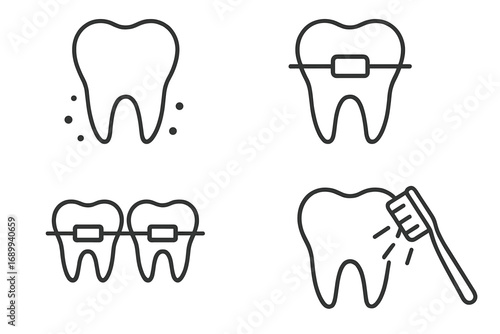 Dental care line icon set. Orthodontics, stomatology concepts. Tooth with braces, toothbrush cleaning, oral hygiene. Linear pictogram for web, apps, dentist clinic. Vector icons.