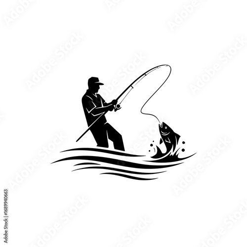 Striking black vector logo capturing an excited fisherman successfully reeling in a leaping fish above dynamic water splashes, perfect for fishing and outdoor adventure themes