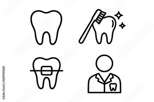 Dentistry line icon set. Tooth, braces, cleaning, dentist concepts. Dental care, oral hygiene, orthodontics, stomatology pictograms for web design, apps, banners. Vector.