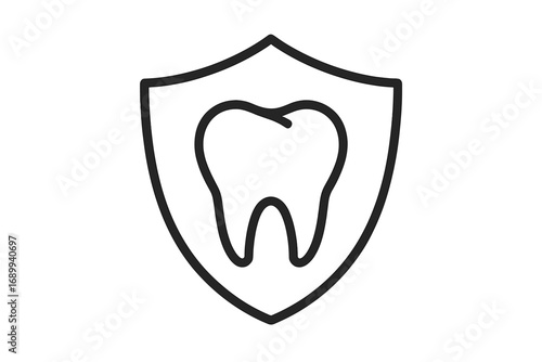 Tooth protection icon. Dental care concept. Healthy tooth inside a shield. Symbol of oral hygiene, stomatology and insurance. Vector line art logo for dentist clinic and web.