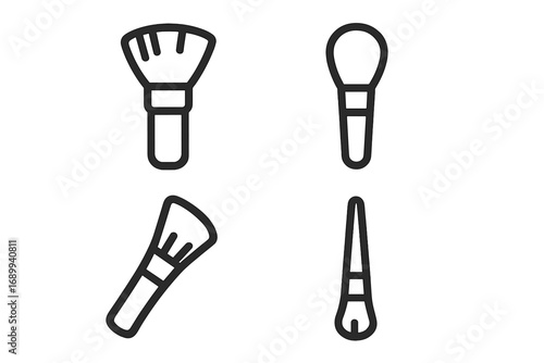 Makeup brush line icon set. Cosmetic tool collection for beauty, makeup artist. Vector outline illustration of powder, blush, foundation, eyeshadow, angled, contour brushes.