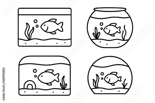 Aquarium and fishbowl line icon set. Simple fish in water vector outline illustration. Pet shop logo, aquatic life pictogram for graphic design, web, apps. Doodle cartoon.