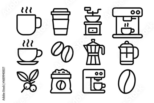 Coffee line icon set. Modern outline style symbols for cafe menu, web, apps. Vector collection of coffee making equipment like machine, grinder, pot, moka and french press.
