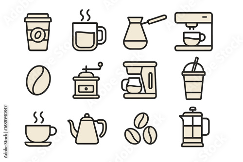 Coffee shop icon set. Modern outline style vector symbols for cafe menu, web design, apps. Collection of coffee making equipment: grinder, pot, french press, machine, cup.