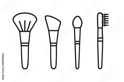 Makeup brush set line art icon. Cosmetic tool kit for beauty, makeup artist. Powder, foundation, eyeshadow, concealer, eyebrow, and contour brushes. Vector illustration.
