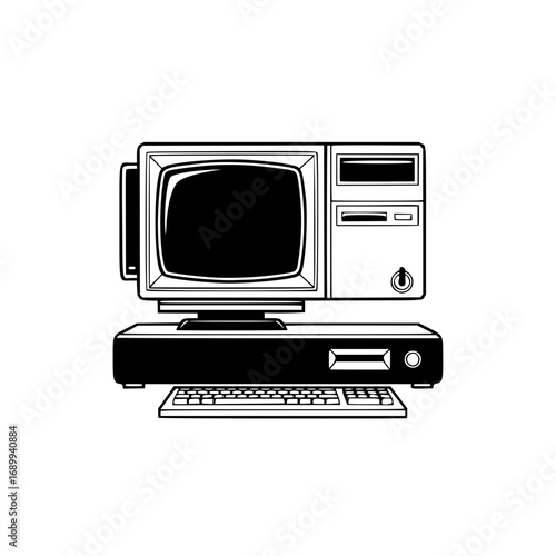 Black and white vector logo illustration of a retro computer with monitor and keyboard