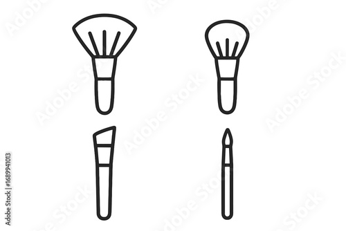 Cosmetic makeup brush vector icon set. Beauty tools outline illustration. Line art symbols for powder, foundation, blush, eyeshadow, and contour. Simple glamour cosmetics elements.