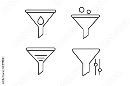 Filter funnel thin line icon set. Vector pictogram collection. Web, app UI element. Data sorting, analysis, purification concept. Water drop, liquid, settings, options symbol.