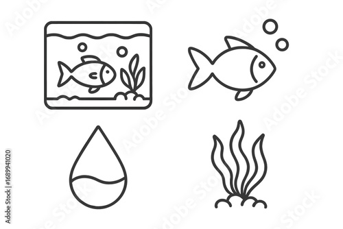 Aquarium line icon set. Fish tank, water drop, seaweed plant simple outline symbols. Aquatic pet store sign for web and app design. Minimalist vector graphic elements collection.