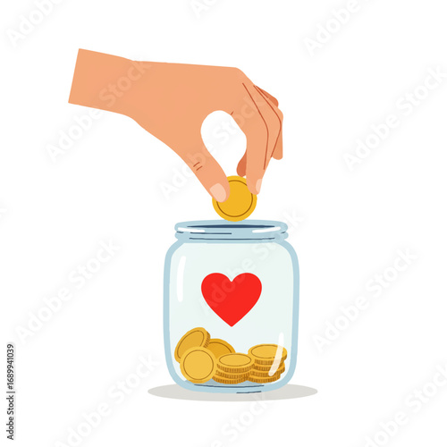 Hand Donating Coin to Charity Jar with Heart.