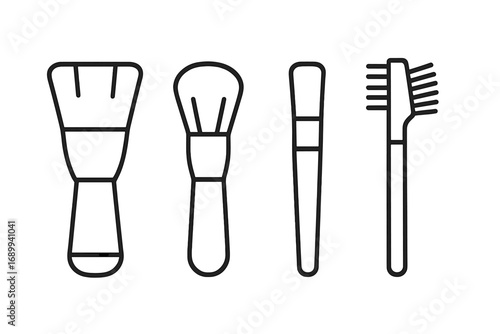 Cosmetic brush line icon set. Makeup artist tool kit for beauty salon. Vector graphic for powder, foundation, eyeshadow, brow. Simple outline illustration for web, app, logo.