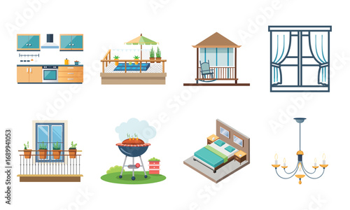 Home Interior and Furniture Icons Set – Living Room, Bedroom, Kitchen, Bathroom, Balcony, Garden, Fireplace, Chandelier, Sofa, Mailbox, Dining Table, Home Decor, Garage, Playground, Outdoor Patio, Win