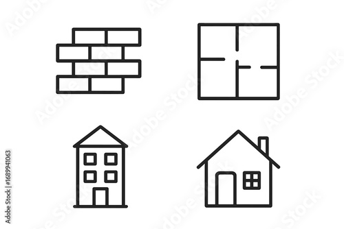 Brick wall, floor plan, building outline icon set. Urban architecture symbols. Construction, house, apartment, structural element collection. Editable vector sign. Real estate graphic design resource.