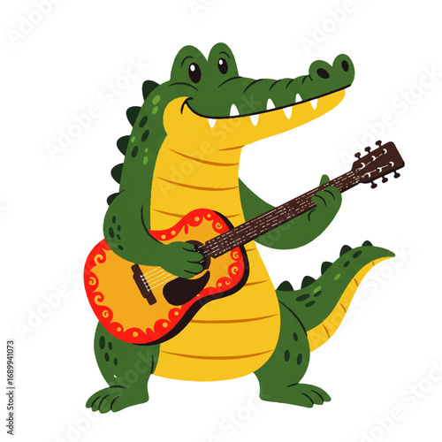 Happy Alligator Playing Acoustic Guitar.