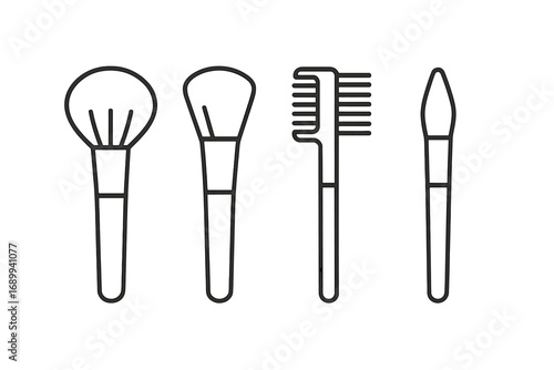 Cosmetic brush set outline icons. Makeup tools collection for powder, blush, eyeshadow, eyebrow, lip. Vector line art illustration for beauty, glamour, and cosmetic design.