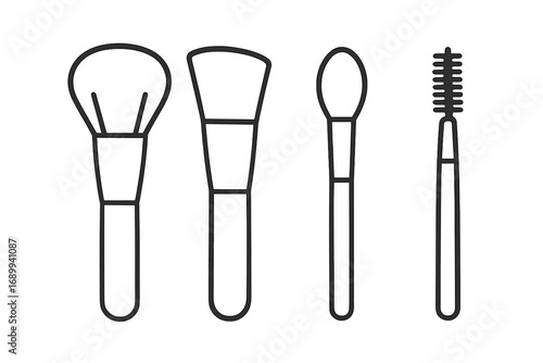 Makeup brush set line icon collection. Vector outline illustration of cosmetic tools for beauty, glamour. Powder, foundation, eyeshadow, eyebrow spoolie brushes kit graphic.