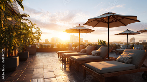 Rooftop terrace with sun loungers, umbrellas, and potted plants overlooking a city at sunset