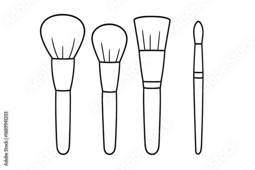 Cosmetic brush set outline. Linear icon collection of makeup tools for beauty and glamour. Vector illustration of professional brushes for powder, foundation, blush, eyeshadow.