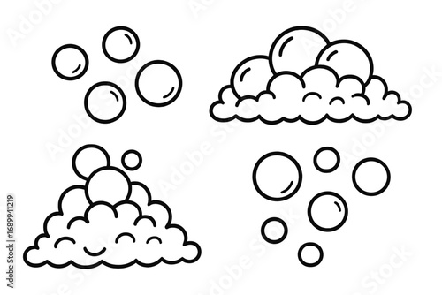 Bubble and foam outline sign set for graphics, designs, books, adverts. Vector cartoon illustration. Soap suds, laundry, cleaning, water, shampoo, effervescent, fizz concept.