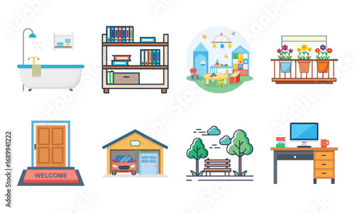 Home Interior and Furniture Icons Set – Living Room, Bedroom, Kitchen, Bathroom, Balcony, Garden, Fireplace, Chandelier, Sofa, Mailbox, Dining Table, Home Decor, Garage, Playground, Outdoor Patio, Win