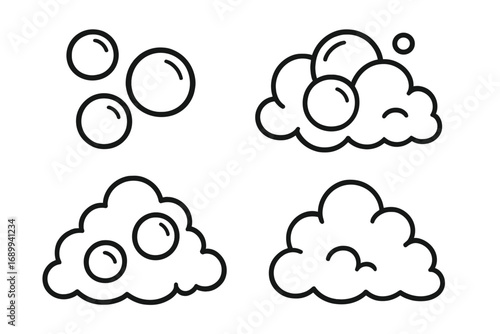 Soap foam and bubbles outline icon set. Vector cartoon illustration of suds, lather, and fizzy pop. Symbol for washing, cleaning, laundry, shampoo, and sparkling water.