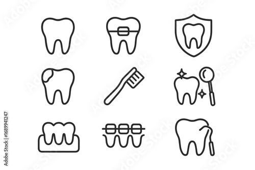 Dentistry line icon set. Dental care, tooth, braces, cleaning, orthodontics pictogram collection. Dentist, stomatology, oral health, hygiene, caries, treatment, clinic symbol pack.