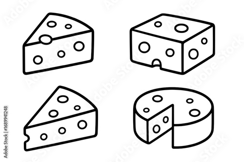Cheese outline icon set. Swiss cheese wedge, block, and wheel with holes. Dairy food product collection for graphic design, web, and apps. Vector cartoon linear symbol illustration.