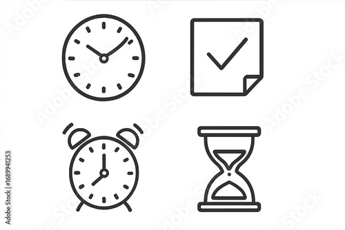 Time management outline icon set. Vector collection of thin line symbols. Clock, alarm, hourglass, and deadline reminder for productivity, efficiency, web and app design concept.