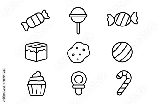 Simple candy and sweets outline icon set. Minimalist vector graphic collection with lollipop, cupcake, cookie, candy cane, and chocolate symbols. Editable stroke line art.