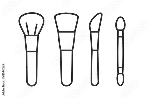 Cosmetic brush set outline icons. Makeup artist tools for applying foundation, powder, blush, eyeshadow. Beauty salon equipment. Professional visagist kit vector linear symbol.