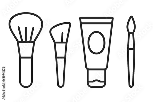 Makeup cosmetic brush icon set. Vector line art illustration. Beauty tools for powder, foundation, contouring. Outline graphic signs for web design, skincare ads, salon branding.