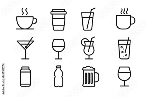 Beverage and Drink Line Icons Set. Coffee Cup, Takeaway, Cocktail Glass, Wine, Juice, Beer Mug, Soda. Outline Style Vector for App UI, Web Design, Advertising, Menus, Cards, Transparent Background