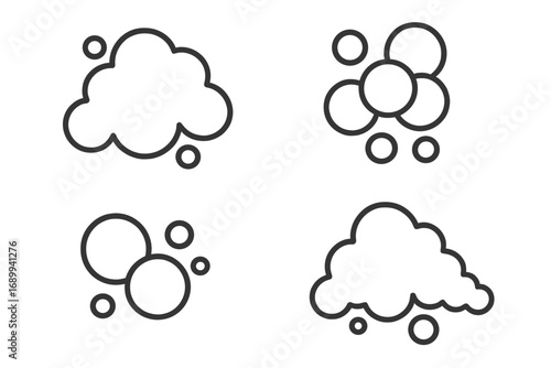 Bubble and foam outline symbol set. Vector cartoon illustration for graphics and design. Soap suds, bath foam, fizzy drink bubbles, and effervescent pop icon collection.