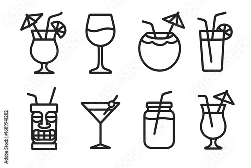 Cocktail icon set vector line art. Summer beach party drinks collection. Tropical tiki bar, martini, coconut and wine glass signs for menu. Alcohol vacation outline symbols.