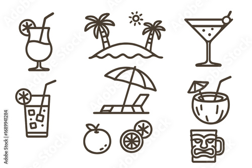 Summer beach vacation icon set. Tropical cocktail and drink line art collection. Vector outline symbols of palm island, tiki mask, lounge chair, and coconut drink. Editable stroke.