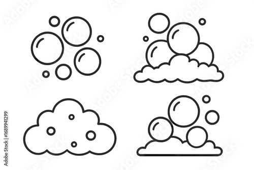 Bubble and foam outline icon set. Soap suds, lather, and fizz line art. Water cleaning, washing, and effervescent symbols. Carbonated pop cartoon vector illustration.