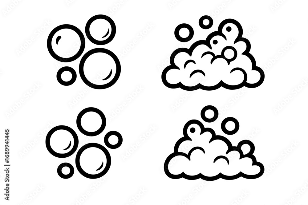 Soap bubble and foam line icon set. Vector pictogram for cleaning, washing, laundry. Simple black illustration of suds, fizz, effervescent water, carbonated drinks.