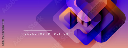 Abstract geometric shapes overlap, creating vibrant gradient effect. Purple, orange hues dominate design, modern aesthetic.