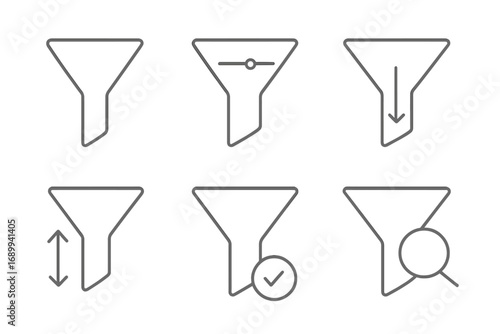 Filter and funnel line icon set. Vector symbols for data sorting, classification, and search. UI UX elements for web design, app interface, and analytics infographics.